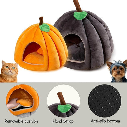 Cat Bed for Indoor Cats - Adorable Cozy Pumpkin Cat Cave with Removable Cushion, Super Soft Pet House Tent for Kittens & Small Pets, Warm & Washable Non-Slip Design(M 17.7 inch Grey)