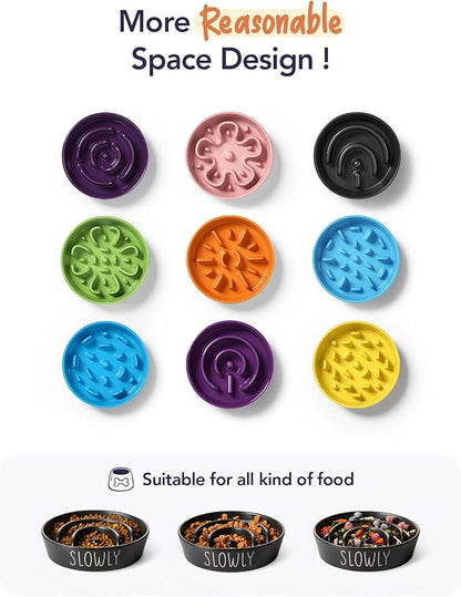 Slow Feeder Dog Bowl - 1.5 Cups Ceramic Puzzle Feeder for Small & Medium Breeds, Maze Design Pet Dish for Puppy & Fast Eaters, Black Non-Slip Bowl to Control Eating Speed
