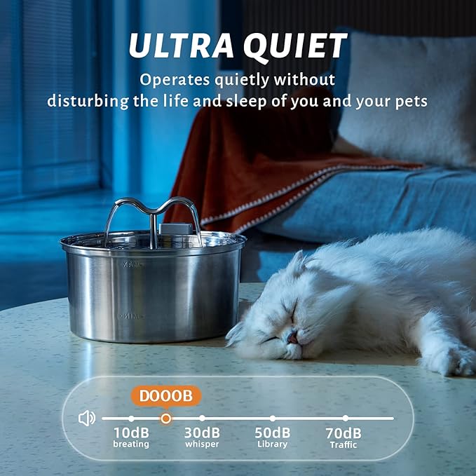 DOOOB Cat Water Fountain, 3.2L/108OZ Stainless Steel Pet Water Dispenser Automatic Metal Dog Drinking Fountains Water Bowl with Replacement Filters Ultra-Quiet Pump