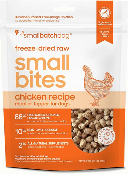 smallbatch Pets Freeze-Dried Raw Dog Food – Chicken Recipe –7 oz Small Bites – High Protein, Grain Free – Complete Meal or Topper – Made in USA with Organic Superfoods(7 Oz, Chicken)