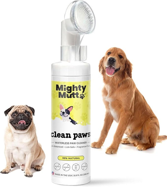 MIGHTY MUTT Waterless Dog Paw Cleaner - Made in USA, No-Rinse Foaming Cleanser with Brush, Gentle & Hypoallergenic, Natural & pH-Balanced, Fragrance-Free - 6.8 oz