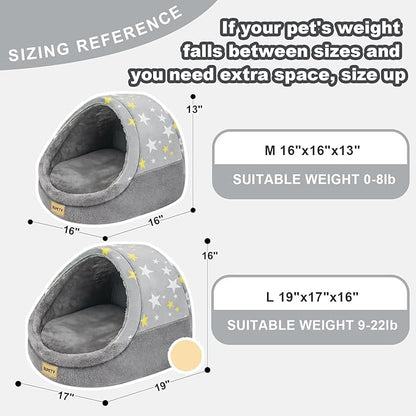 Jiupety Cute Cat Beds for Indoor Cats, Cat Cave Bed for Kittens, Large Cat Cave and Covered Cat Bed with Anti-Slip Bottom, Washable Removable Cushion, M(16"x16"x13"), Gray Star