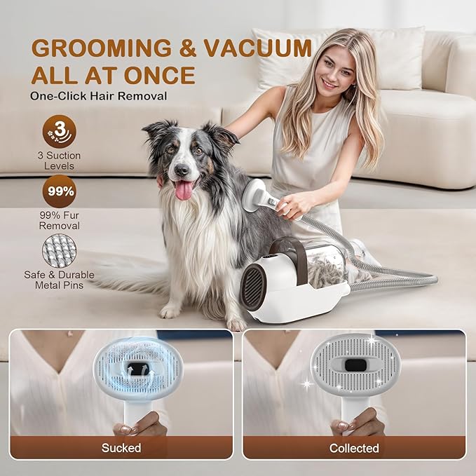 Dog Grooming Vacuum, Dog Grooming Kit with Pet Clipper Nail Grinder, 6 Pet Grooming Tools (Caramel)