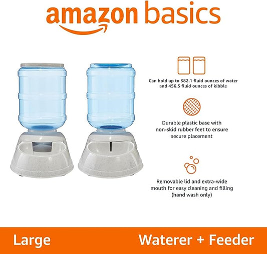 Amazon Basics Automatic Dog Cat Water Dispenser Gravity Feeder and Waterer Set, Large, 456.6fl.oz food feeder, 382.1fl.oz water dispenser, Gray