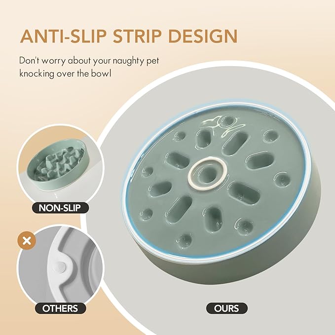 Ceramic 3.2 Cup Dog Bowl Slow Feeder, 9.5 inch Slow Pet Food Dish for Large Dog, Stop Bloat, Preventing Choking(Single Bowl,Light Green)