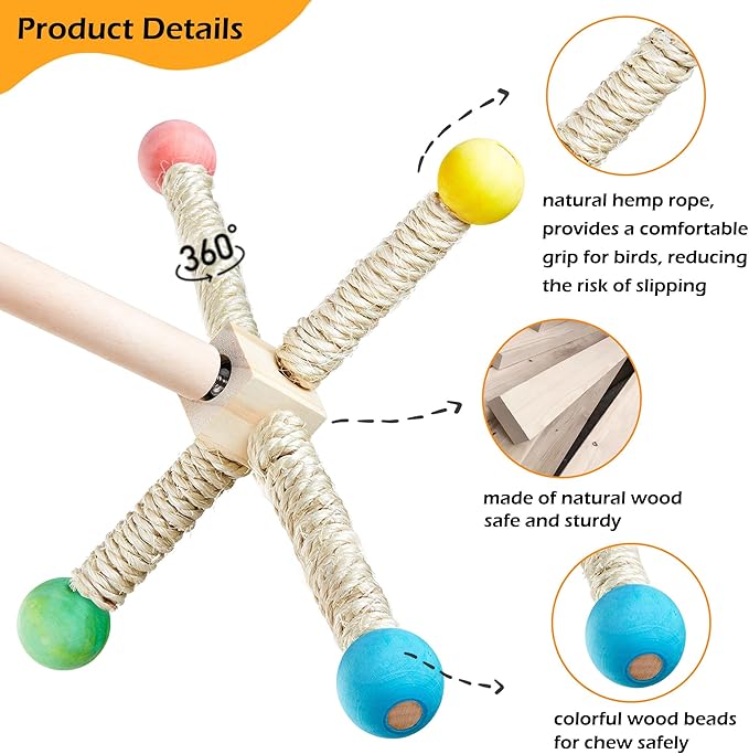 Large Bird Stand Perch Toy for Cage, Interactive Spinning Toys, Wooden Exercise Wheel Quaker Toy, Enrichment Bird Cage Accessories Perch Toys for Medium-Sized Birds Cockatiel Ring-Necked Caique (L)