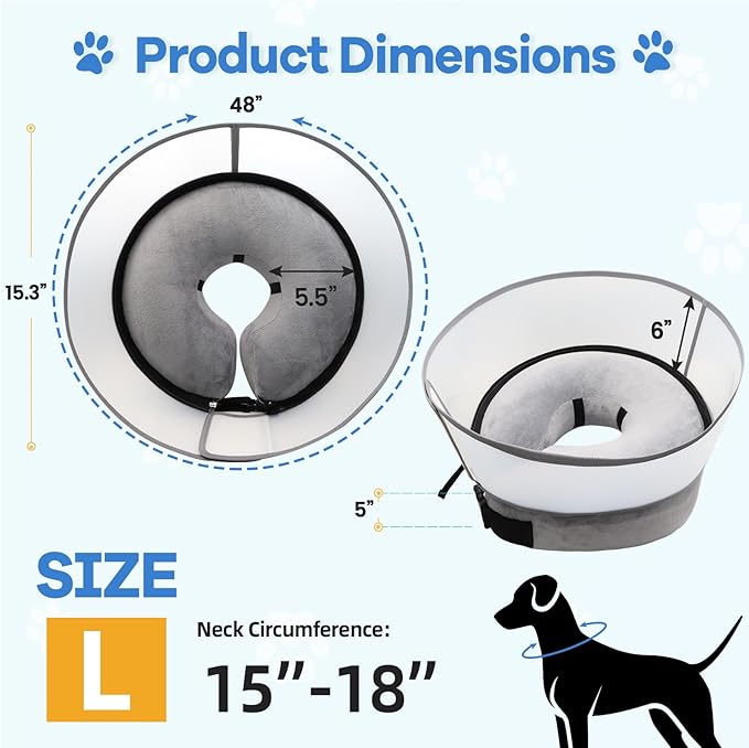 2-in-1 Upgraded Inflatable Dog Cone Collar with Detachable Anti-Licking Shield, Soft Adjustable Elizabethan Collar for Dogs After Surgery (L, Grey)