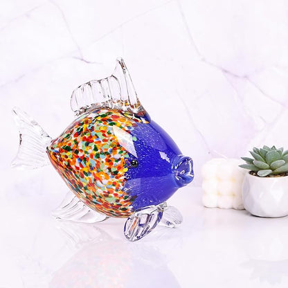 Large Hand Blown Glass Fish Figurines, Aquarium Sea Glass Art, Blue Orange Fish Statue Sculpture Modern Coastal Accent - for Beach Knick Knacks, Coffee Tables, Nautical Offices Centerpiece