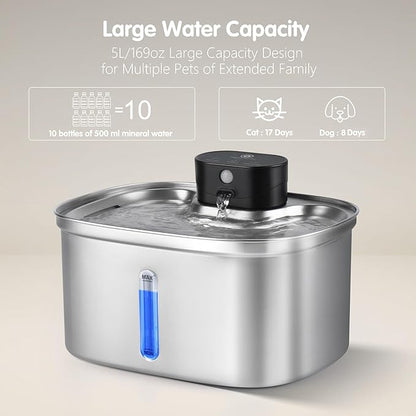 Wireless Cat Water Fountain Stainless Steel, 169oz/5L Cordless Smart Pet Water Fountain with 5000mAh Battery & Ultra Quiet Pump, Automatic Pet Water Dispenser for Cats & Dogs, 3 Filters