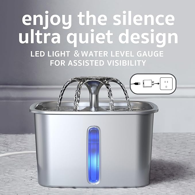 Veken Innovation Award Winner Stainless Steel Cat Water Fountain, 95oz/2.8L Automatic Pet Fountain Dog Water Dispenser with Replacement Filters & Silicone Mat, Gifts for Christmas, Cats, Dogs (Silver)