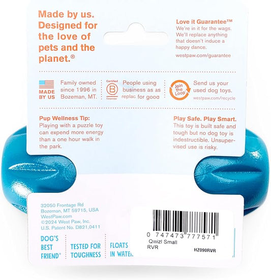 West Paw Qwizl Treat Dispensing Dog Toy for Tough Chewers- Durable Long Lasting Chew and Fetch Toy Keeps Dogs Engaged- Dishwasher Safe Safe Materials Made in USA - River Blue, Small