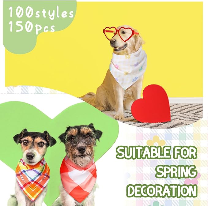 100 Pcs Spring Dog Bandanas Bulk Pet Bibs Colorful Triangle Scarf Pet Bandanas for Medium Large Dogs Spring Summer Birthday Costume Decoration