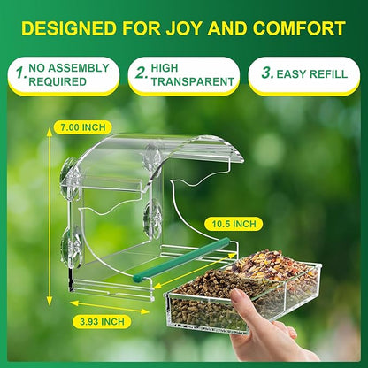 BPYOT Clear Acrylic Window Bird Feeder for Outside with 4 Strong Suction Cups and Detachable Seed Tray, Highly Transparent Outdoor Viewing Birdfeeder, Wild Bird House Box