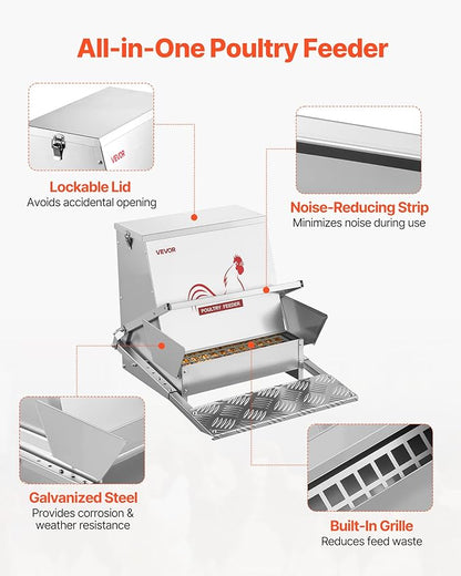 VEVOR Automatic Chicken Feeder, 40 lbs Capacity, Rainproof Treadle Poultry Feeder with Lockable Lid, No Waste, Galvanized Steel Construction, Outdoor Use, for Chicken, Bantams, Poultry, Pheasants