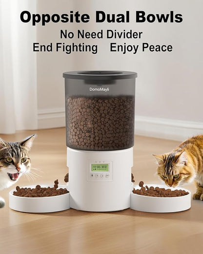 Automatic Cat Feeder for 2 Cats,Auto Dry Food Dispenser with Dual Bowls and Clear 4.2L Hopper,Programmable Portion Control,Up to 6 Meals per Day,10-Second Voice Recording,Dual Power Backup-White
