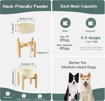 Ceramic 7.3inch Raised Dog Bowl Set, Elevated with Wooden Stand, Food and Water Bowl for Medium Breed Dogs, Weighted Dog Dishes, Pet Feeder(Beige)