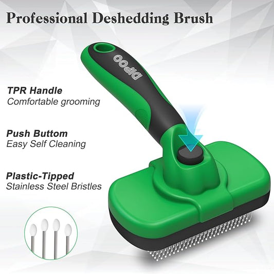 Self Cleaning Deshedding Brush for Dogs & Cats - Skin Friendly Grooming Tool with Hair Removal for Haired Pets, Green