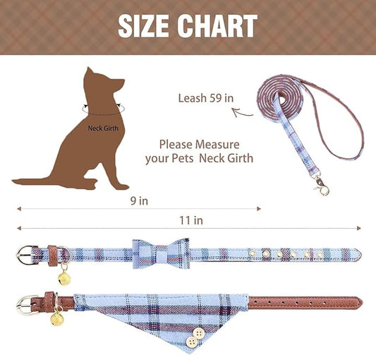 KOOLTAIL Small Dog Collar and Leash Set with Bowtie and Bells - Puppy Collar and Leash for Male with Classic Plaid Matching Pattern, Soft Leather Tangle Free Leashes for Small Dogs Boys Girls, Blue