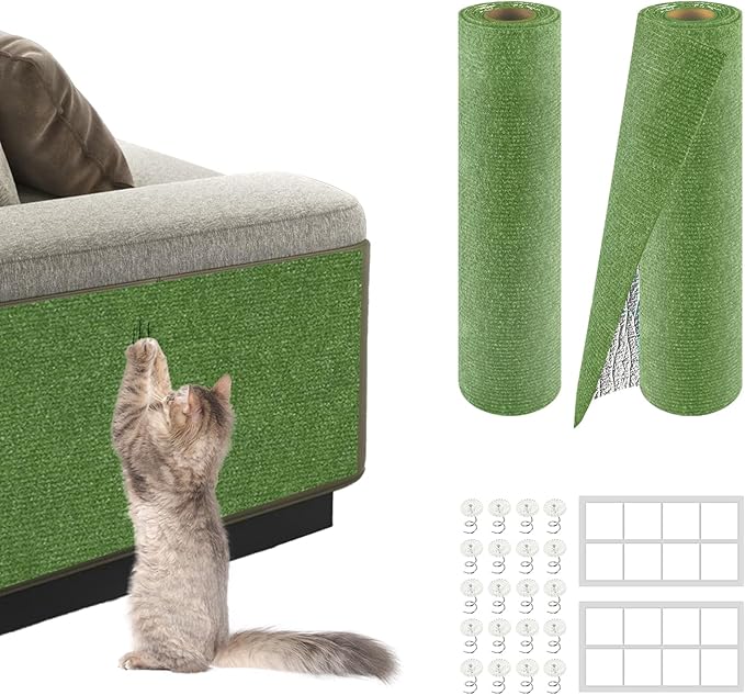 2Pack Total 78.7"x15.8" Cat Scratch Mat for Cat Couch Furniture and Wall Protector | Trimmable Self-Adhesive Carpet Climb Cat Scratcher for Covering Cat Tower and Replacement Pads (Green)