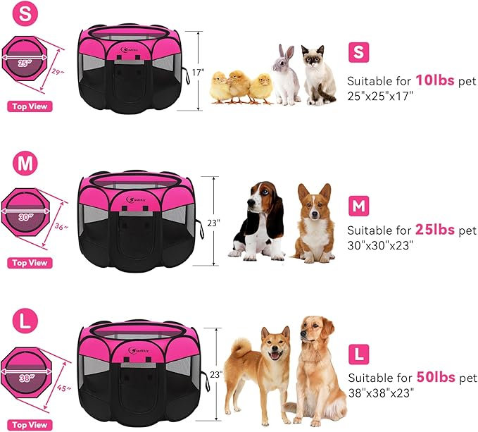 Dog Playpen, Puppy Pet Playpens Indoor for Small Dogs Tent Crates Cage Indoor/Outdoor, Portable Pop Up Dog Kennel Playpen with Carrying Case for Dogs/Cats/Rabbits, Hot Pink