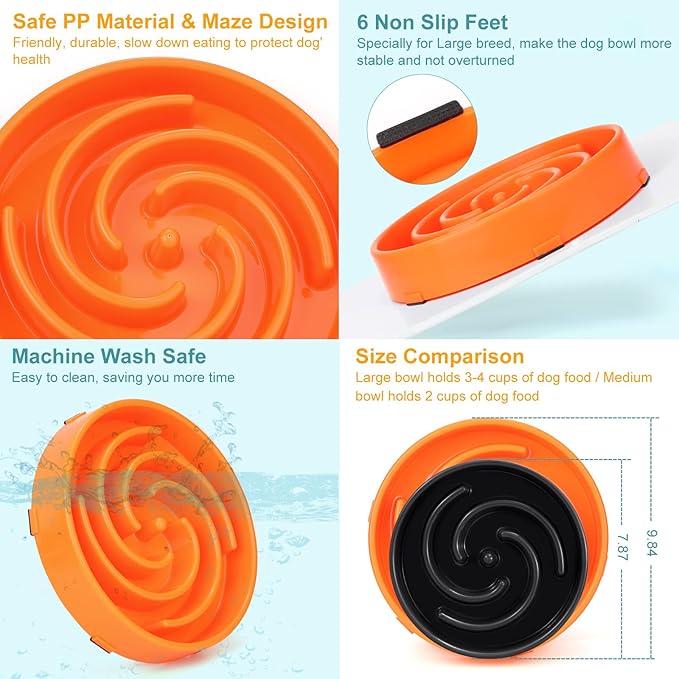 Slow Feeder Large Dog Bowl - Non Slip Maze Puzzle Bowl for Medium Dogs, Prevents Bloat & Choking, Orange