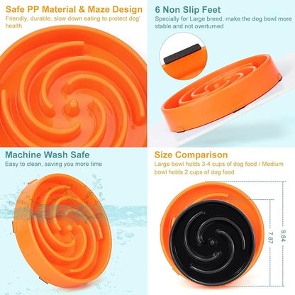 Slow Feeder Large Dog Bowl - Non Slip Maze Puzzle Bowl for Medium Dogs, Prevents Bloat & Choking, Orange