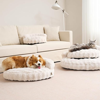 EHEYCIGA Extra Small Dog Bed and Cat Couch for Puppy and Kitten - Fluffy Faux Rabbit Fur Pet Sofa with Washable Removable Cover, Waterproof and Non-Slip, 20 Inch Cream