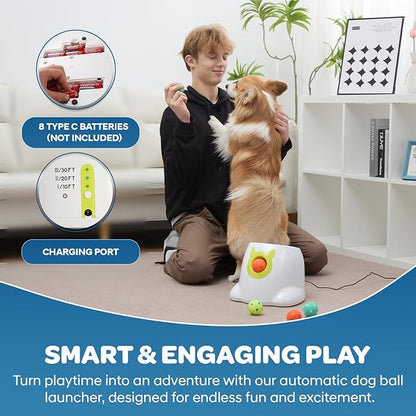 Automatic Small Dog Ball Launcher - Remote Control Interactive Fetch Machine Thrower for Small and Medium Sized Dogs with 6 High-Bounce Washable Latex Balls, Training Clicker, and Whistle – White