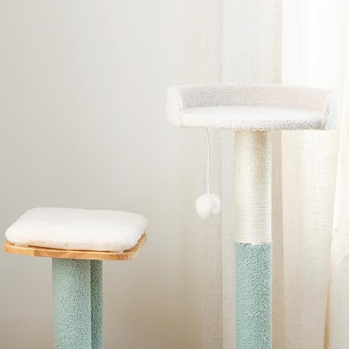 Kitty City Triple Perch Wooden Cat Tower with Scratching Posts & Hanging Toys, Modern Multi-Level Indoor Cat Furniture with Sherpa Beds