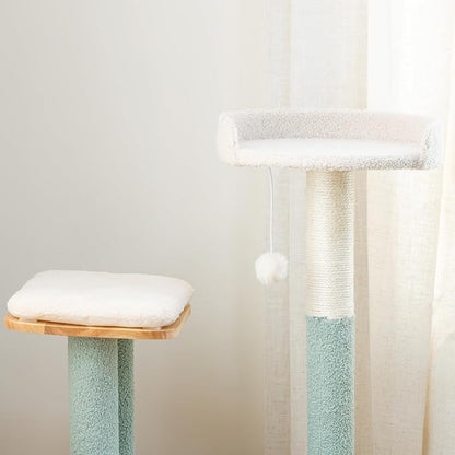 Kitty City Triple Perch Wooden Cat Tower with Scratching Posts & Hanging Toys, Modern Multi-Level Indoor Cat Furniture with Sherpa Beds