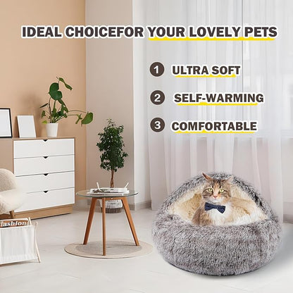 Cat Bed for Indoor Cats, Calming Cozy Cave with Self-Warming Plush, Entire Bed Machine Washable & Anti-Slip Base, Breathable Pet Bed for Small Cats&Dogs All Seasons (Khaki, 24 * 24inch)