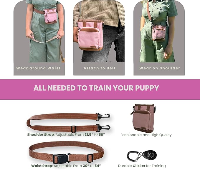 BEAU&FUR Small Dog Treat Pouch with Clicker for Training – 2 Cup Capacity, Built-In Poop Bag Dispenser, Storage for Snacks and Toys - Hands-Free Pouch Snack Holder for Walking and Training – Pink