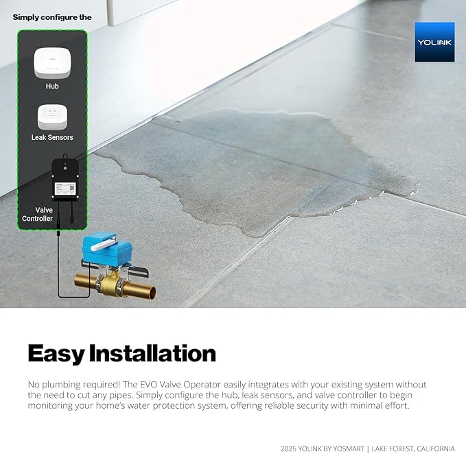 YoLink DIY Automatic Water Leak Detection & Shut-Off Starter Kit, EVO Valve Operator, Wireless Valve Controller, (3) Leak Sensors, Hub