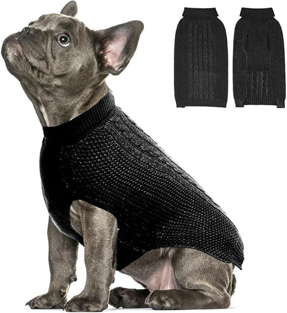 XXS Dog Sweater, Classic Cable Knit Warm Dog Sweatshirt with Reflective Yarn for Girl Boy, Halloween Fall Winter Coat Turtleneck Pullover Clothes Apparel for Small Medium Large Dogs (Black XXS)