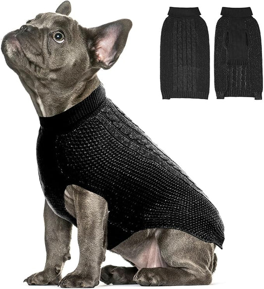 XXS Dog Sweater, Classic Cable Knit Warm Dog Sweatshirt with Reflective Yarn for Girl Boy, Halloween Fall Winter Coat Turtleneck Pullover Clothes Apparel for Small Medium Large Dogs (Black XXS)