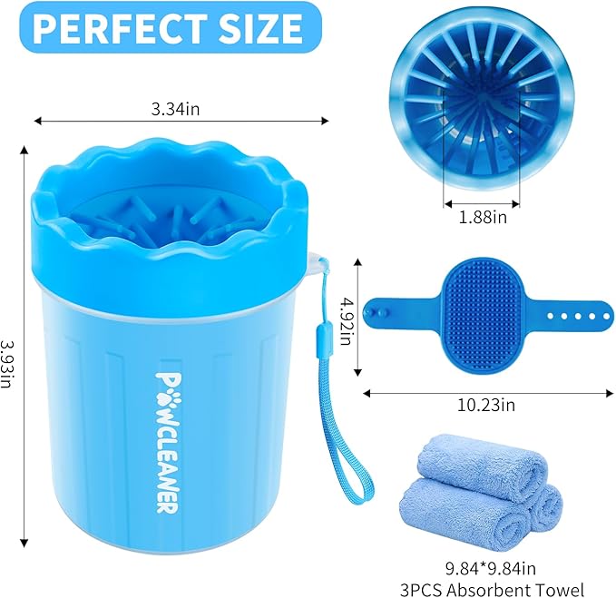 Professional 7 in 1 Dog Paw Cleaner for Dogs & Cats - Includes 1 Portable Paw Washer, 1 Bath Brush, 2 Dog Toothbrushes and 3 Absorbent Towels Note: Fits Paws up to 2 Inches Wide (Small, Blue)