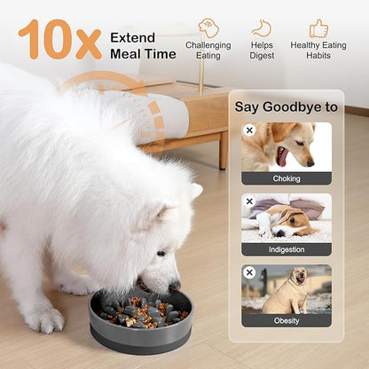 Sted Ceramic Slow Feeder Dog Bowl for Medium Large Breed, Puzzle Dog Food Bowl with Silicone Base, Maze Grey