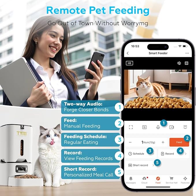 TYM Automatic Cat Feeder with Camera, 5G WiFi Automatic Dog Feeder with APP Control, 7L Remote Feeding Auto Cat Food Dispenser,Reliable, Easy Cleaning