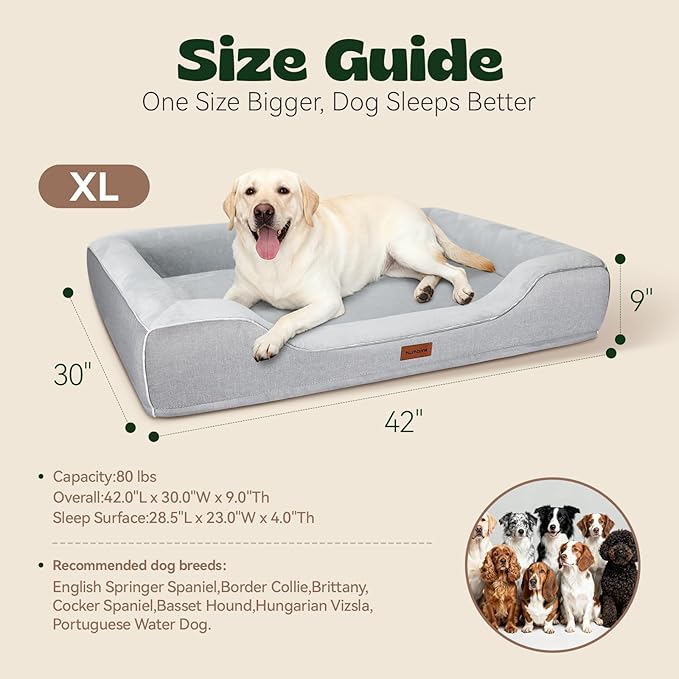 XL Orthopedic Dog Bed for Large Dogs with Cooling Gel Memory Foam and Egg Crate Foam Waterproof, 42inch Pet Couch with Removable Washable Cover and Bolster Side for Extra Breed Pets