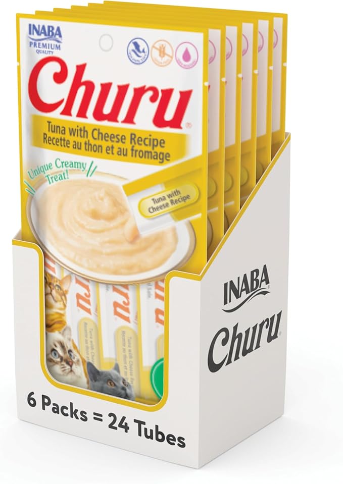 INABA Churu Cat Treats, Grain-Free, Lickable, Squeezable Creamy Purée Cat Treat/Topper with Vitamin E & Taurine, 0.5 Ounces Each Tube, 24 Tubes (4 per Pack), Tuna with Cheese Recipe