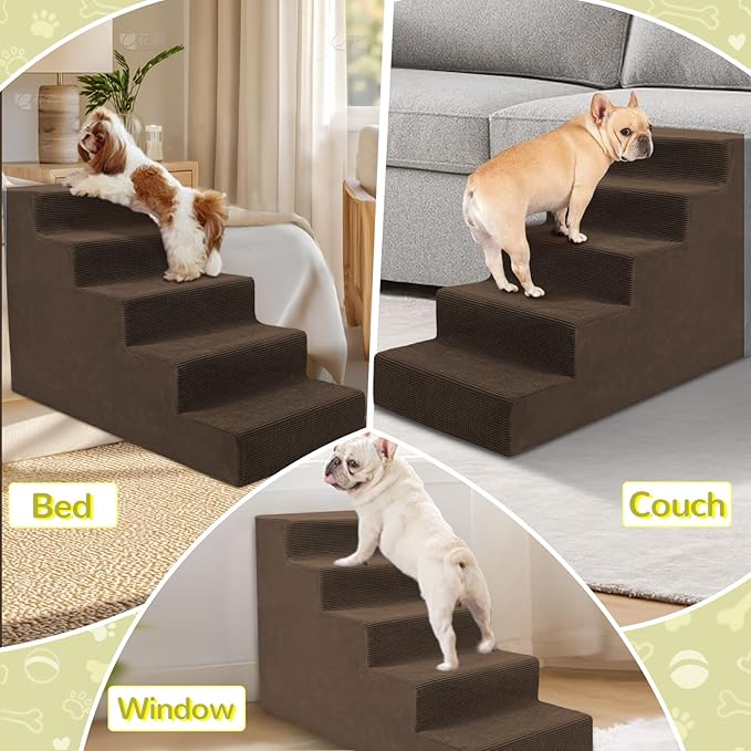 Niubya Dog Stairs for Small Dog and Cats,23”H Non-Slip Bottom Pet Steps for High Beds and Couch,High-Density Foam Pet Stairs Brown,5 Steps