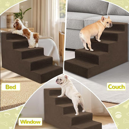 Niubya Dog Stairs for Small Dog and Cats,23”H Non-Slip Bottom Pet Steps for High Beds and Couch,High-Density Foam Pet Stairs Brown,5 Steps