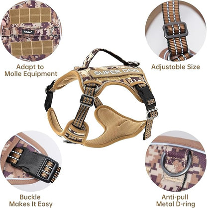 Tactical Dog Harness, No Pull Adjustable Harnesses for Small Medium Large Dogs with Handle & Molle, Camouflage Reflective Dog Vest Harness Brown