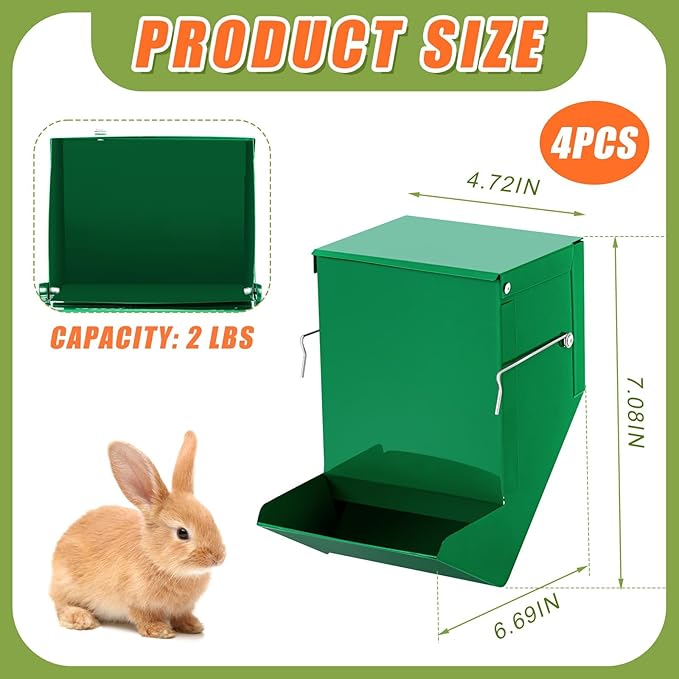Maxcheck 2 Pcs Rabbit Feeder for Cages Small Animal Food Dispenser with Lid Metal Chicken Grit Oyster Shell Feeders Outside(4.7 Inches,Solid Bottom,Green)