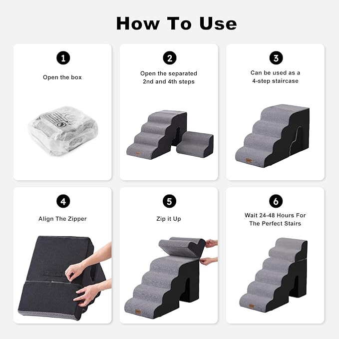 Dog Ramp for High Beds - 28.5" H 6 Steps Pet Stairs for Large Dogs with Tunnel 2 in 1 with Zippers Suitable, Indoor Cat Ladders with Non-Slip Bottom, Black