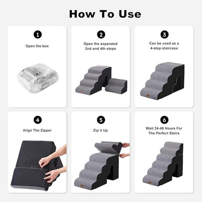 Dog Ramp for High Beds - 28.5" H 6 Steps Pet Stairs for Large Dogs with Tunnel 2 in 1 with Zippers Suitable, Indoor Cat Ladders with Non-Slip Bottom, Black