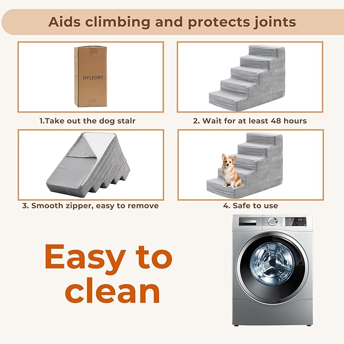 HYLEORY Dog Stairs for Bed 22.5''H, 5-Step Pet Stairs for Small Dogs & Cats, Sturdy Pet Steps with Non-Slip Bottom, Functional Portable Dog Ramp for Couch/Chair/Sofa/Car, Storage Pocket, Light Grey