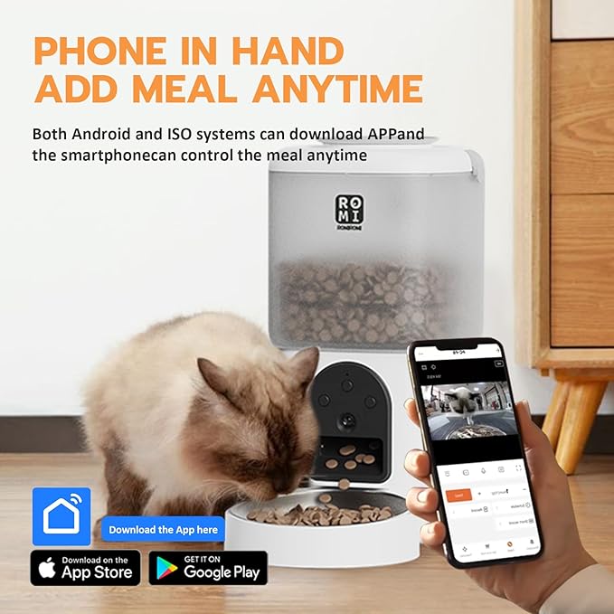 Romiromi 7L 2-in-1 Automatic Cat Feeder with Camera and Water Fountain Dispenser 1080P HD Video 2.4G&5G WiFi Timed Auto Feeder with APP Control,Multiple Cats, Detachable for Easy Clean-White