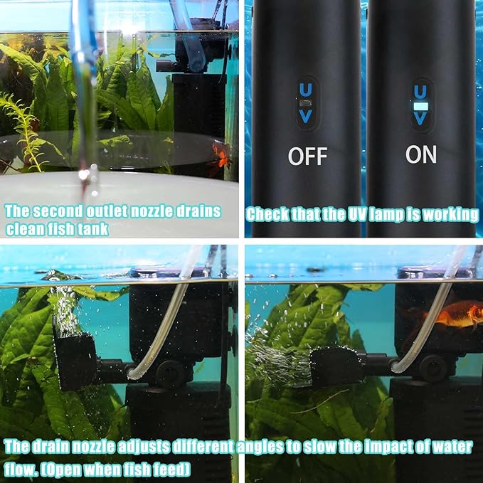 200GPH Aquarium Filter, U-V for Aquarium for 20-75 Gal Tank, Submersible Pump Filter for Green Water and Algae Clean, Ultra-Silent Green Killing Machine with Fish Tank Deodorization