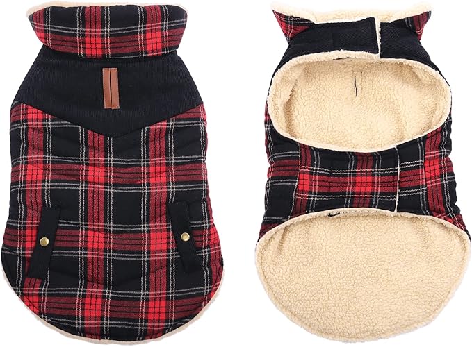 Winter Coat for Small and Medium Dogs, Puppy Plaid Jacket, Cotton Coat for Cold Weather, Windproof Warm Dog Garments, Pet Thickened Outfits Indoor Outdoor, Red S